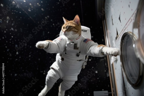 feline astronaut, floating in zero gravity with stars visible in the background, created with generative ai