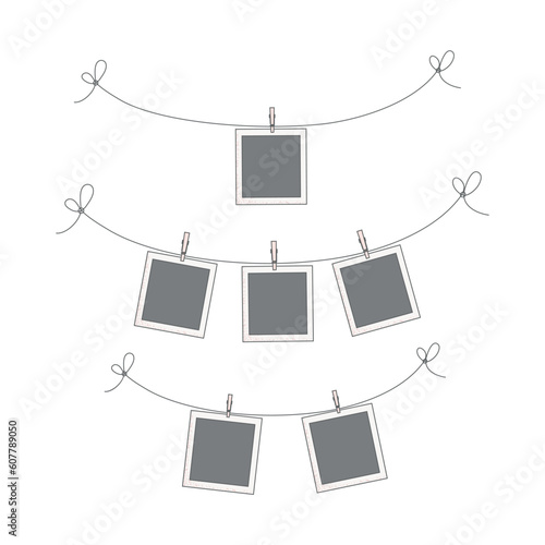 Hanging at string photos, frame with clips. Simple mockup vector illustration