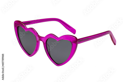 Side view of pink heart shaped sunglasses isolated on transparent background.