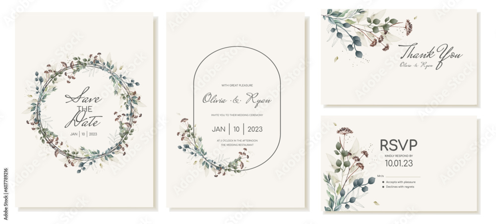 Elegant wedding invitation with wreath and text frame and watercolor dried flowers. Vector invitation and thank you card template