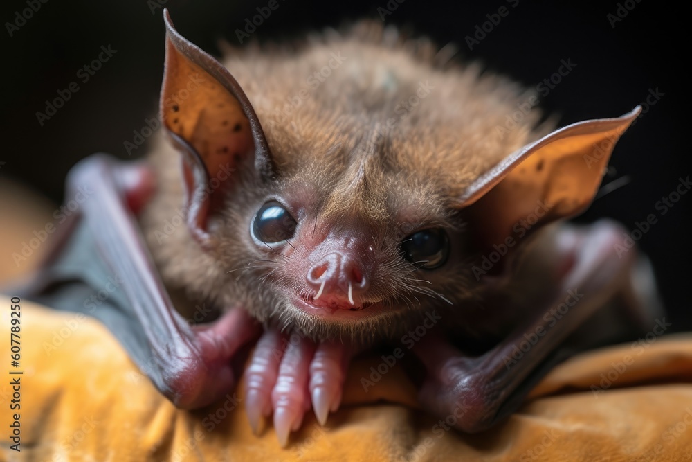 newborn bat with eyes still closed, hanging upside down from its mother ...