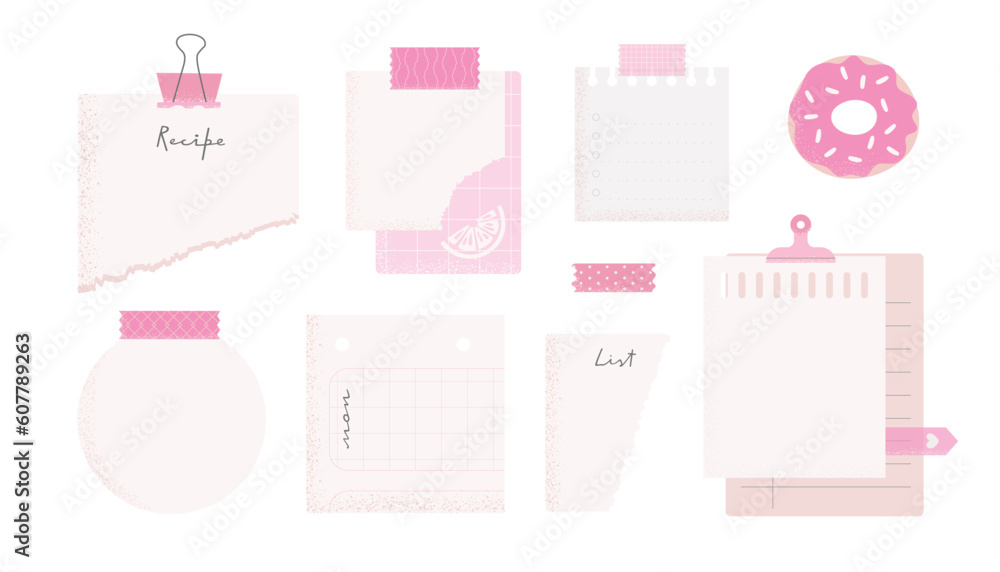 Stickers, note papers, planner doodles vector illustrations collection. Pink color, bright set for diary, notepad