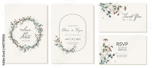 Elegant wedding invitation with wreath and text frame and watercolor dried flowers. Vector invitation and thank you card template