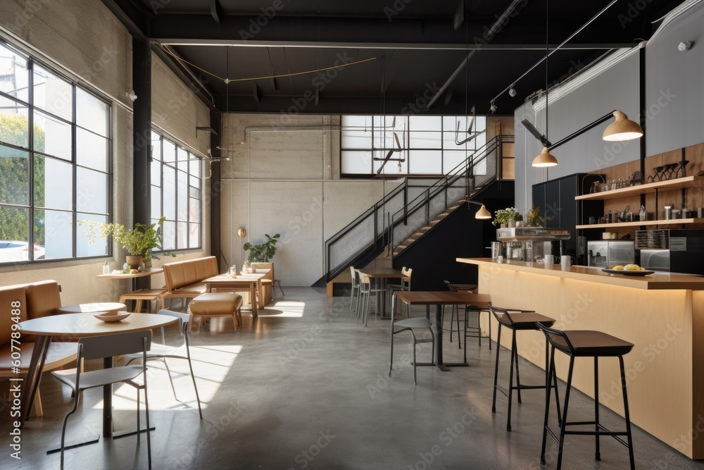 a coffee shop in a former warehouse, with its modern design and sleek furniture, created with generative ai a coffee shop in a former warehouse, with its modern design and sleek furniture, created with generative ai