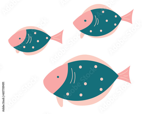 Set of simple round fish different. decorative elements of marine animals, ocean fauna
