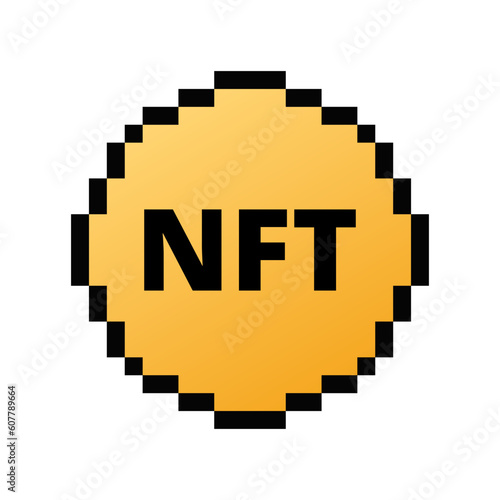 Nft 8 bit pixel token . non fungible token digital currency coin vector