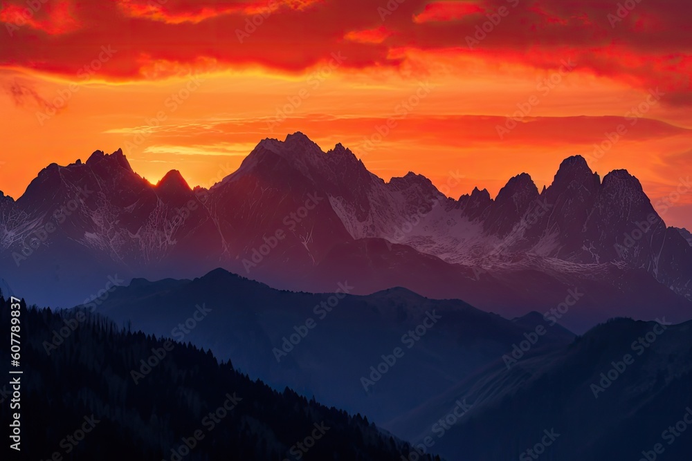majestic mountain range, with orange and red sky silhouetting the peaks, created with generative ai majestic mountain range, with orange and red sky silhouetting the peaks, created with generative ai