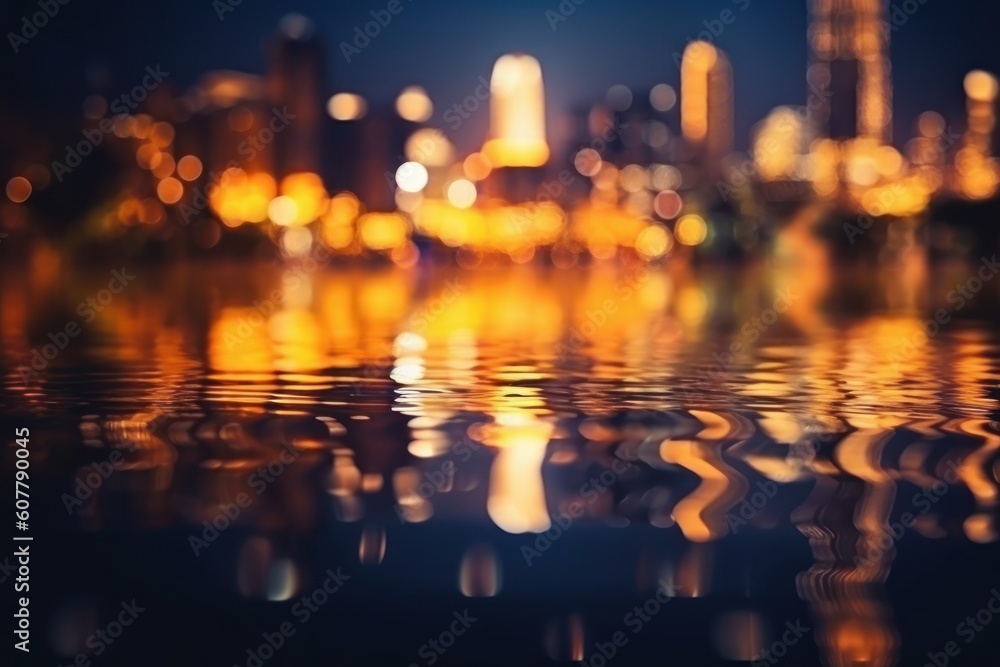 Night city lights shining bokeh reflection in water background. Generative AI 2