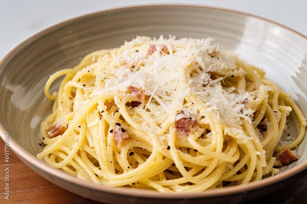 bowl of carbonara, with extra parmesan cheese spooned on top, created with generative ai