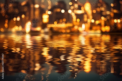 Night city lights shining bokeh reflection in water background. Generative AI 1