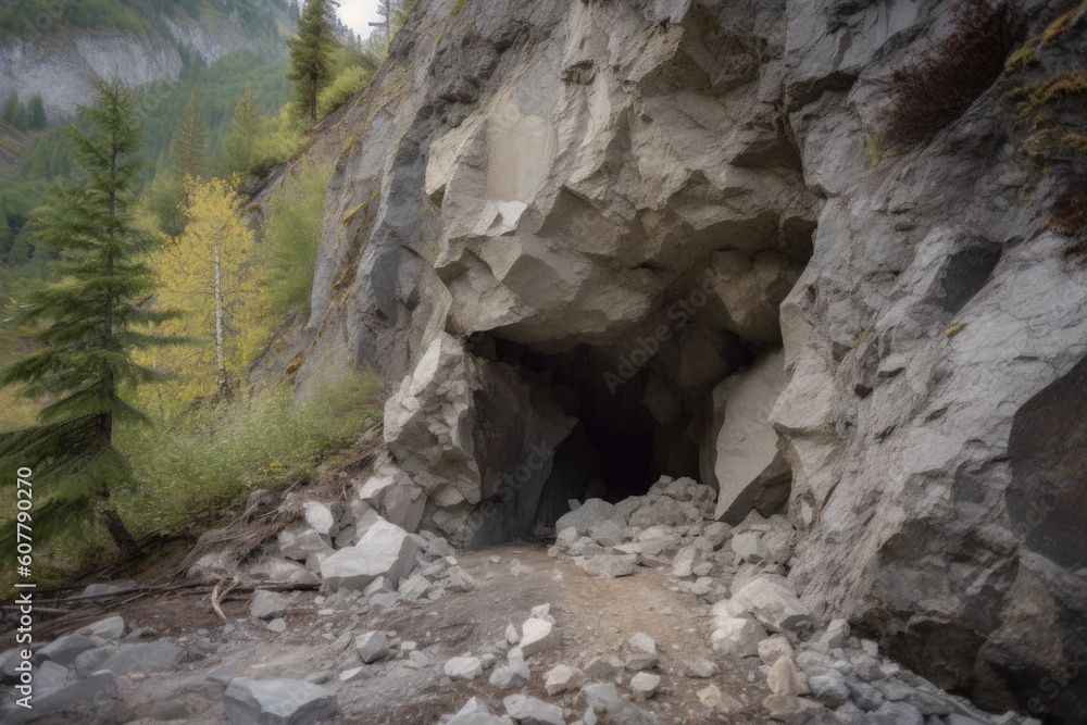 huge rock slide, blocking entrance to mountain cave, with dust and debris still settling, created with generative ai huge rock slide, blocking entrance to mountain cave, with dust and debris still settling, created with generative ai