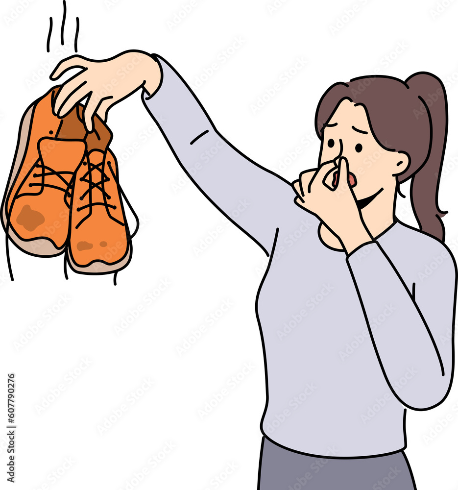 Fototapeta premium Woman cover nose disgusted with smelly shoes