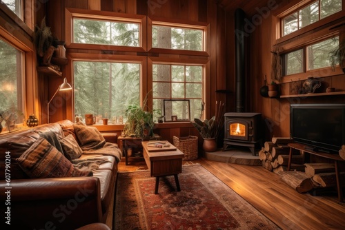cozy cabin retreat, with cozy fireplace and throw pillows, surrounded by towering trees, created with generative ai