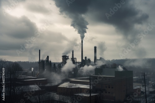 steam, smoke, and fumes billow forth from factory chimneys on a gray and gloomy day, created with generative ai