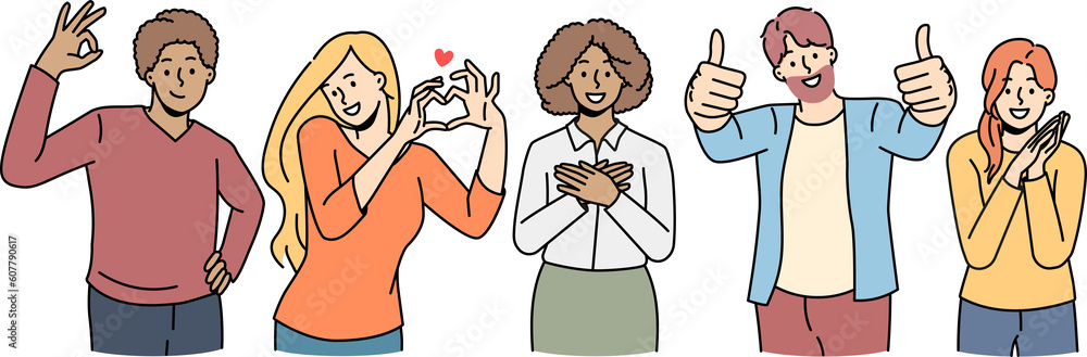 Φωτογραφία Happy people show diverse hand gestures