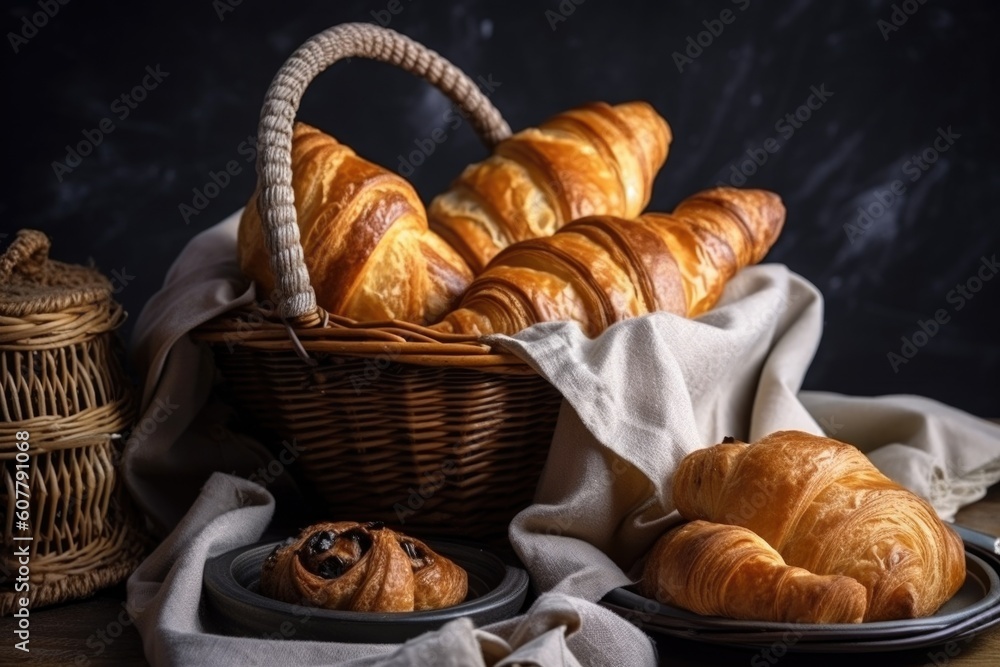 homemade pastries and croissants in basket or on plate for easy transport, created with generative ai