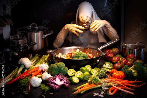 close-up of alien chef, preparing a sizzling stir fry with vegetables and spices from his own planet, created with generative ai