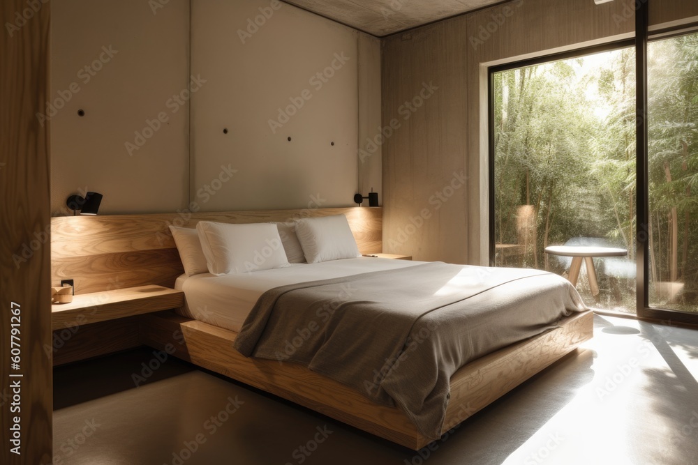 a minimalist eco-hotel room with sleek decor and recycled materials, created with generative ai a minimalist eco-hotel room with sleek decor and recycled materials, created with generative ai