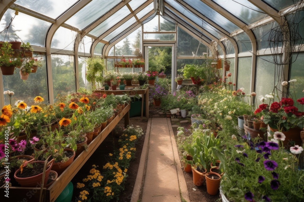 greenhouse, with view of garden and blooming flowers, created with generative ai