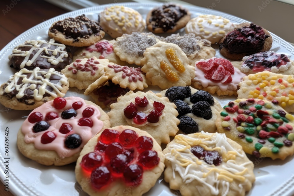 plate of cookies, each with different topping and shape, created with generative ai