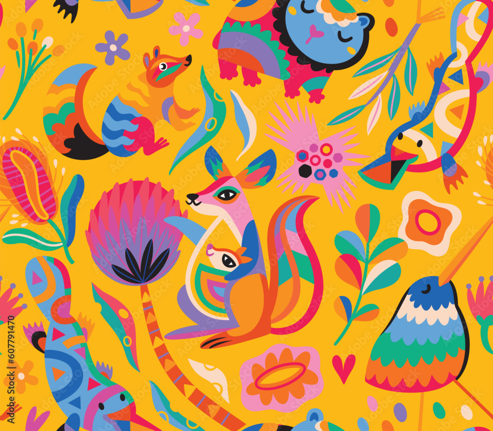 Seamless pattern with abstract Australian animals, flowers and leaves. Vector illustration