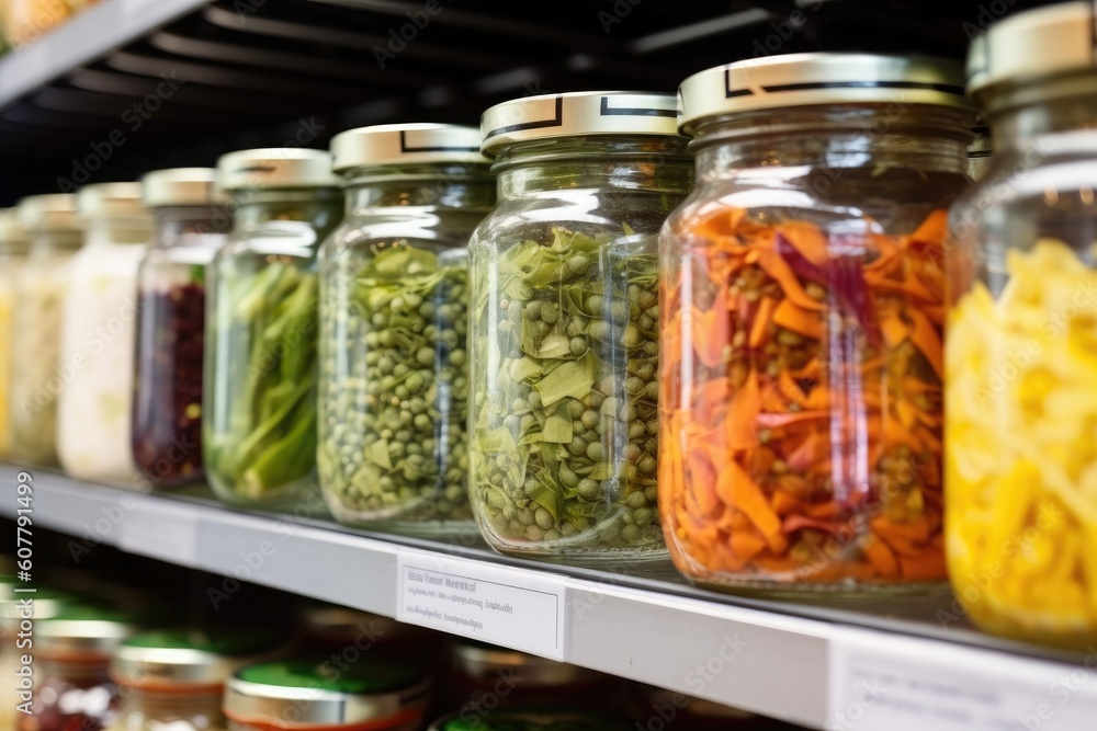 glass jar packaging on supermarket shelf, with fresh produce visible, created with generative ai glass jar packaging on supermarket shelf, with fresh produce visible, created with generative ai