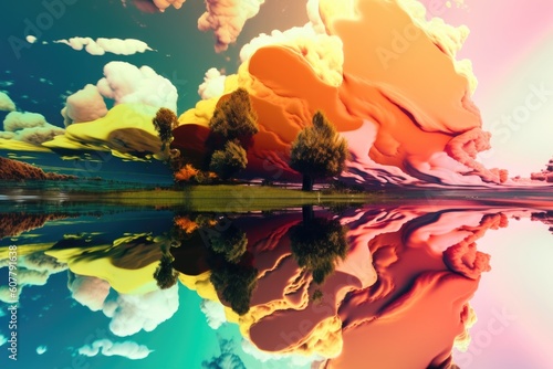 abstract and surreal landscape with upside-down sky, crazy colors, and unusual shapes, created with generative ai