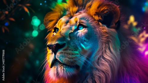  Close up of colorful beautiful Lion in jungle at night