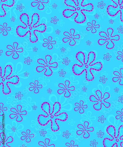 sea flowers purple patter. Colorful floral seamless pattern illustration. Vintage flower background art design. Retro pastel color spring artwork, groovy seventies nature backdrop with hippie flowers.
