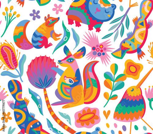 Seamless pattern with abstract Australian animals  flowers and leaves. Vector illustration