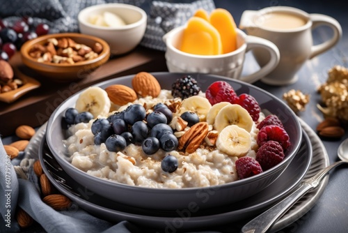 plate of warm oatmeal with toppings, including nuts and fruits, created with generative ai photo