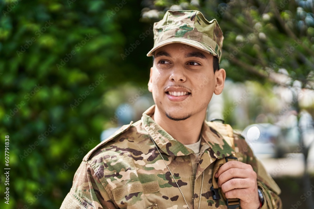 Young man army soldier smiling confident standing at park Young man army soldier smiling confident standing at park