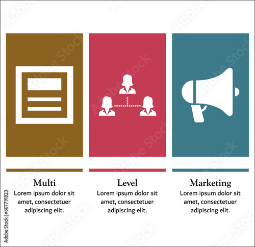 MLM - Multi Level Marketing acronym. Infographic template with icons