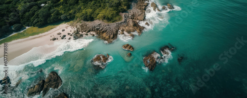 An aerial view of a beach and ocean reveals the serene, tropical beauty of the coastline and water, providing a perfect escape for leisure and relaxation. AI Generative.