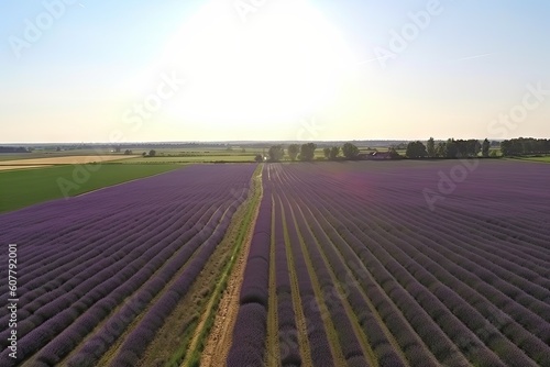 summer day, with sun shining on lavender fields, and drone flyover, created with generative ai