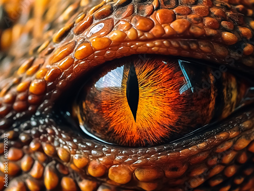 Close-up of orange dragon s Eye  generative AI art illustration
