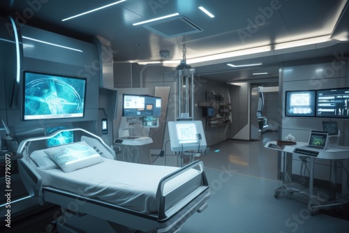 high-tech hospital room with futuristic equipment, including holographic displays and touchscreens, created with generative ai
