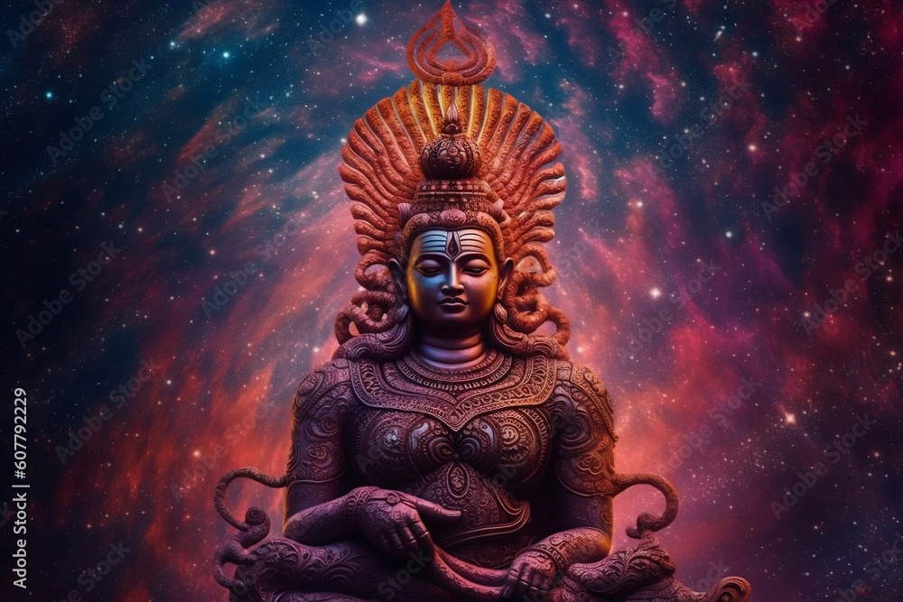 Mythologic God Indian Hindu of Vishnu in galaxies spirals space nebulae, in universe. Mahamaya. Concept of meditation and buddhism. Generative AI. Mythologic God Indian Hindu of Vishnu in galaxies spirals space nebulae, in universe. Mahamaya. Concept of meditation and buddhism. Generative AI.