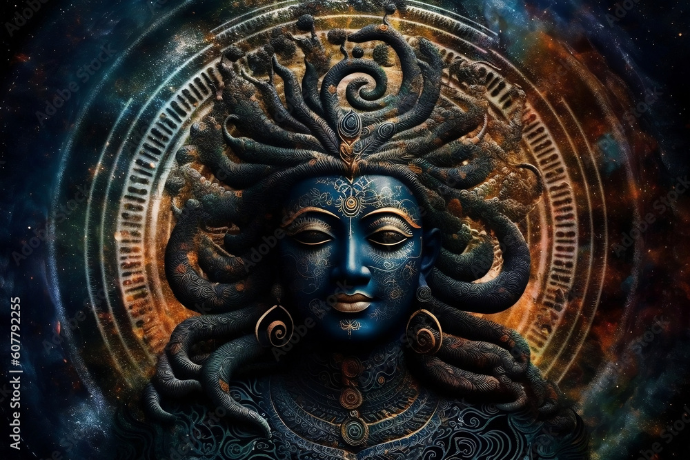 Portrait of Indian Hindu, mythologic God of Vishnu in galaxies spirals space nebulae, in universe. Mahamaya. Concept of meditation and buddhism. Generative AI.