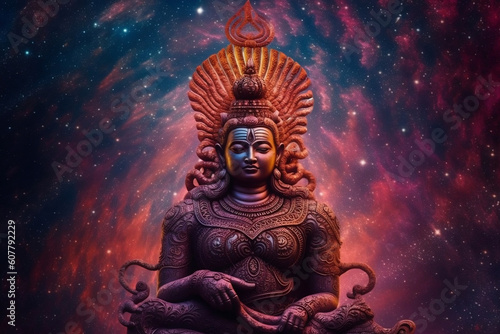 Mythologic God Indian Hindu of Vishnu in galaxies spirals space nebulae, in universe. Mahamaya. Concept of meditation and buddhism. Generative AI.