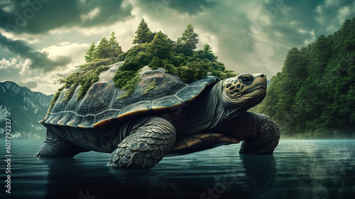 A gigantic Aspidochelone, mythical great turtle, generative AI art illustration