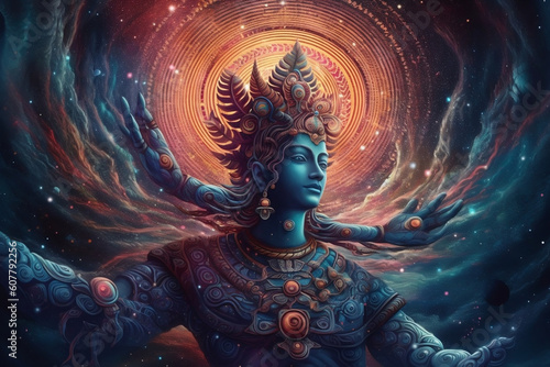 Mahamaya Indian Hindu, mythologic God of Vishnu in galaxies spirals space nebulae, in universe. Concept of meditation and buddhism. Generative AI. photo
