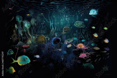 deep-sea creatures swimming in bioluminescent waters  with schools of fish and other marine life visible  created with generative ai