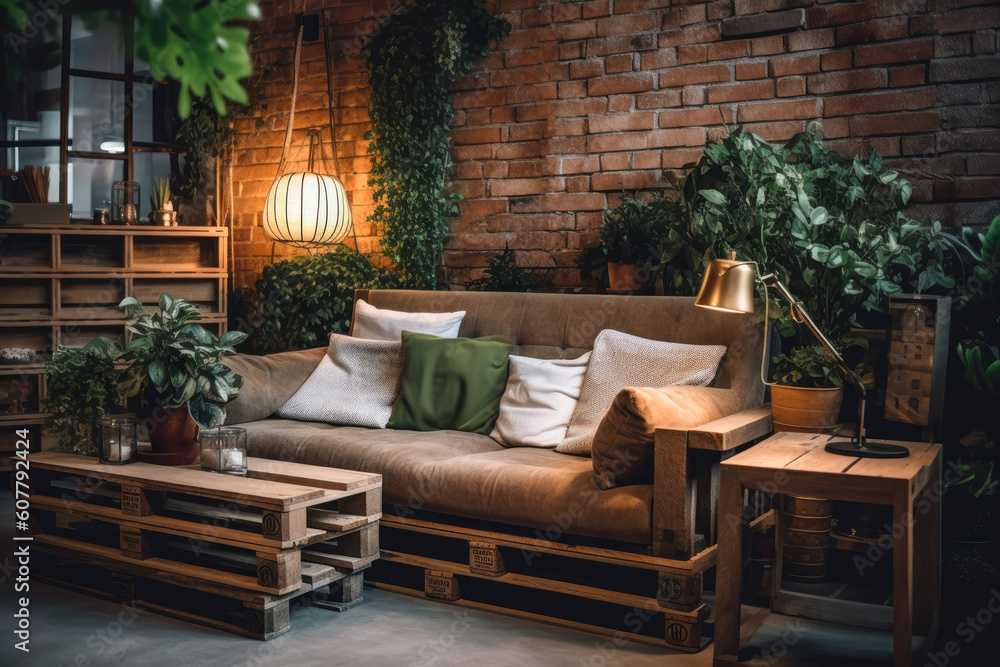Fototapeta premium Cozy lounge area featuring a handmade pallet couch and rustic decor
