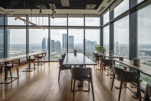 co-working space with view of a bustling city skyline, created with generative ai © Alfazet Chronicles