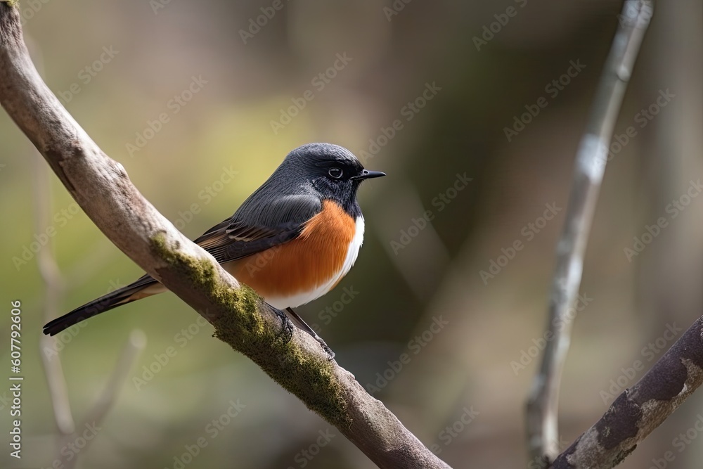 male redstart bird sitting on branch, with its head tilted and eyes focused, created with generative ai male redstart bird sitting on branch, with its head tilted and eyes focused, created with generative ai