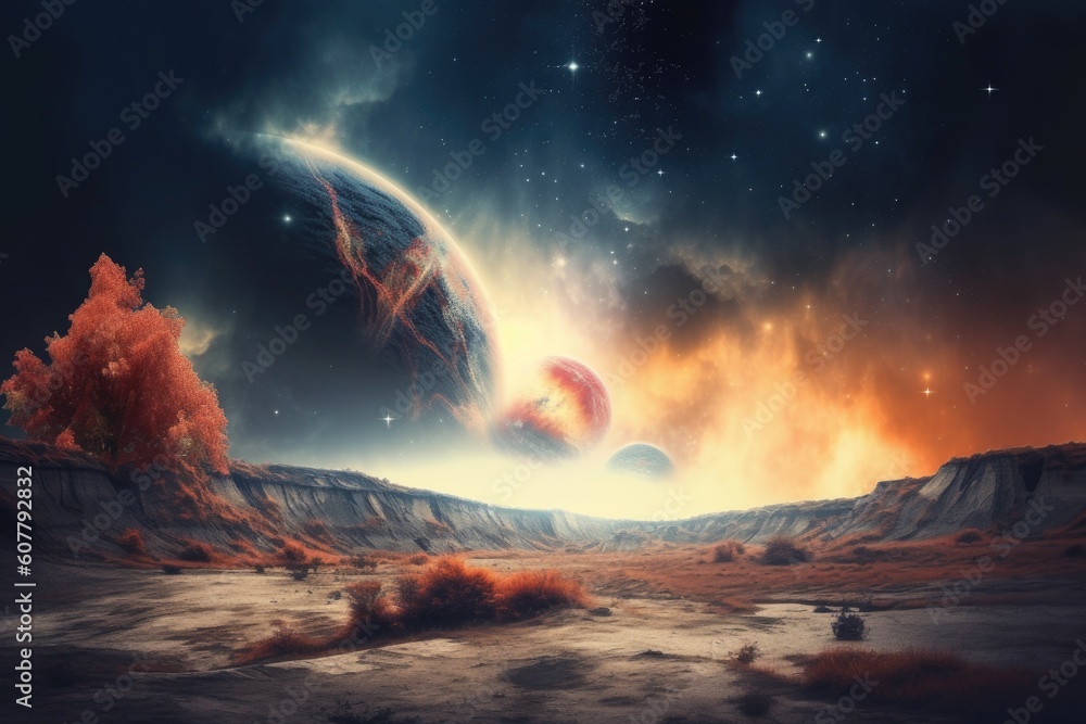 abstract and surreal landscape with nebula in the background, created with generative ai