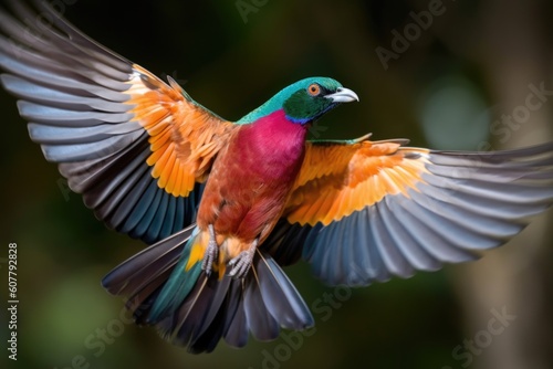 bird in flight, with colorful feathers and wings, created with generative ai