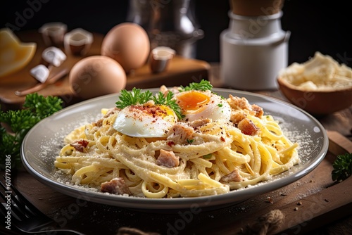 plate of spaghetti carbonara, with creamy sauce and eggs, created with generative ai