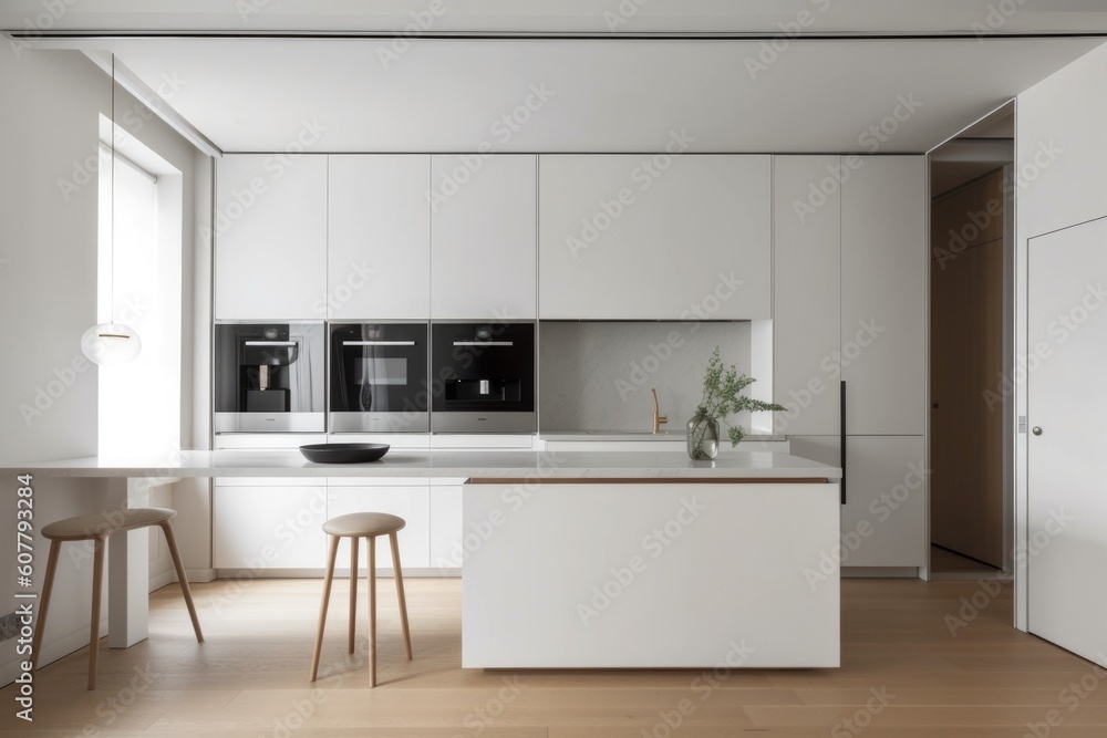 a minimalist kitchen with only the most essential items on display, and everything else hidden away, created with generative ai a minimalist kitchen with only the most essential items on display, and everything else hidden away, created with generative ai